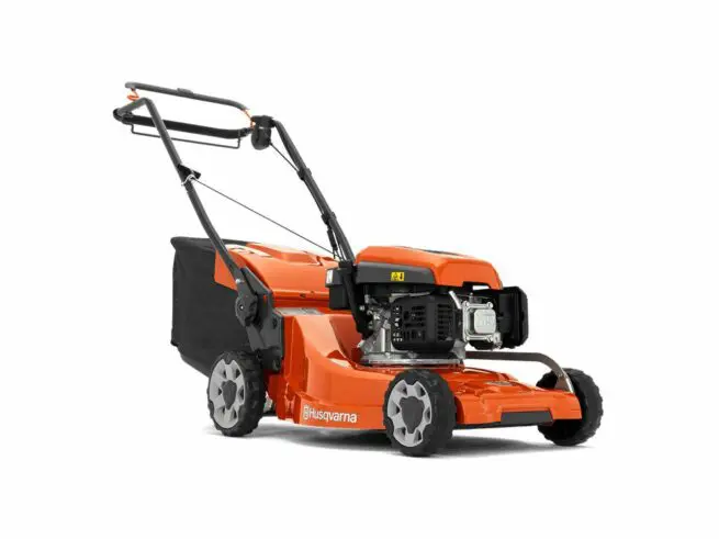 Orange og grå Husqvarna plæneklipper med grå opsamler