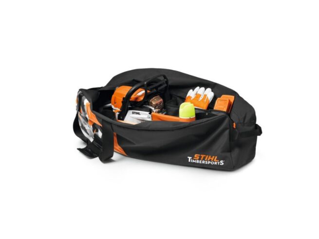 stihl timbersports motorsavstaske med motorsav, handsker, fældekiler og markeringsspray