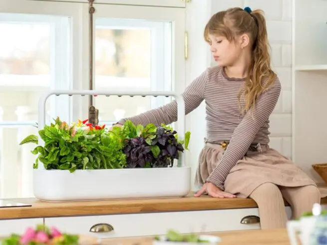 pige sidder på køkkenbord og passer planterne i sin click and grow smart garden 9