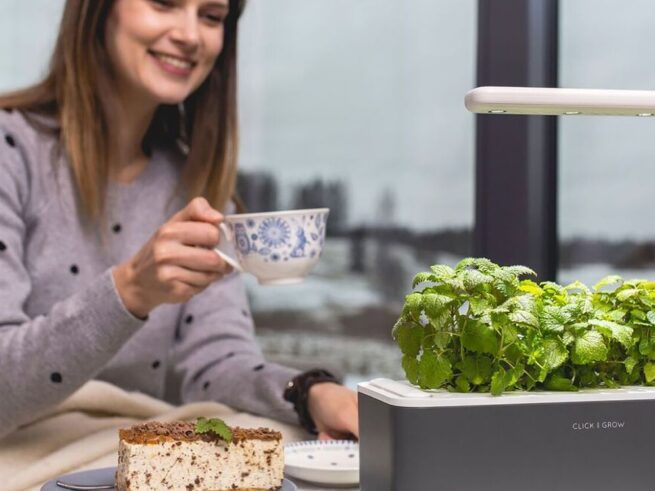 kvinde drikker te, mens hun smiler til sin mørkegrå click and grow smart garden 3