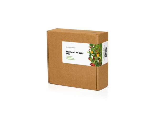 æske med click and grow frugt- og grønsagsblanding med rød chili, gule tomater og jordbær