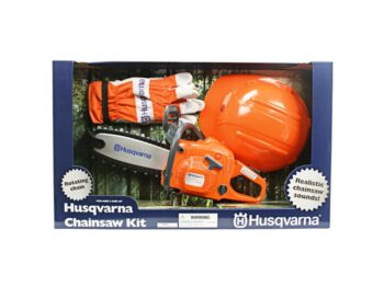 husqvarna legetøjskit med motorsav hjelm og handsker