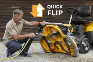 mand vipper klippeaggregat op i serviceposition hvorpå han vasker knivene med en haveslange